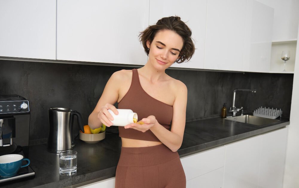 Mujer sirviendo cápsulas de un frasco en la mano, en una cocina